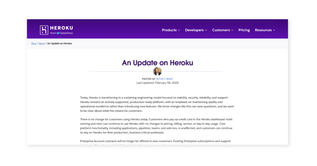 Heroku : extrait du communiqué officiel qui annonce la fin progressive du PaaS